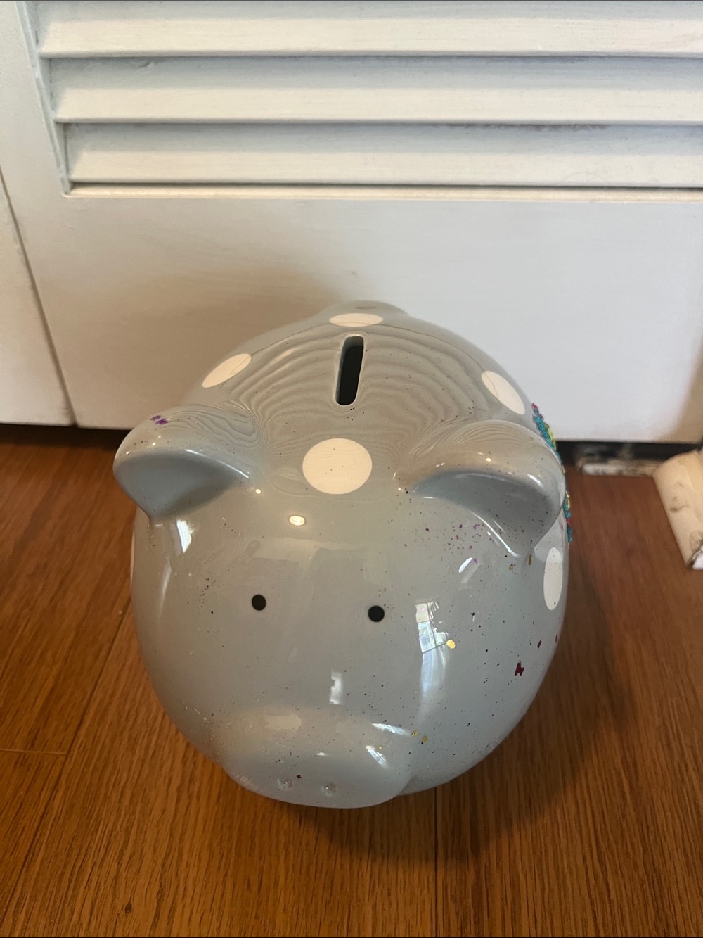 #2919**”7x8”Gray Polka Dot Piggy Bank with Rhinestone Butterfly - Picture 3 of 17